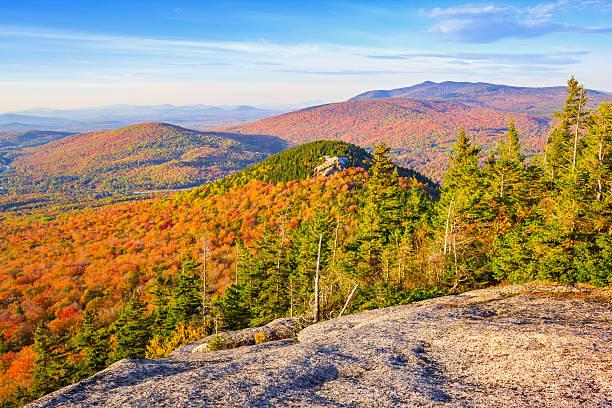 Landscape photo of the White Mountains,  part of the Appalachian Mountains, during Fall colors in New Hampshire, New England, USA.