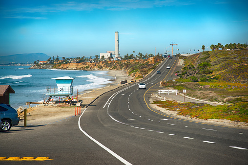 The iconic Highway 101 running north and south through the northern San Diego County community of Carlsbad, California.