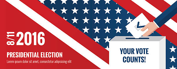US Presidential election 2016. Presidential election banner background. US Presidential election 2016. Hand putting voting paper in the ballot box with american flag on background.  Flat design, vector illustration. 2016 stock illustrations