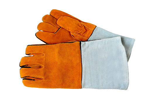 Rough leather gloves for welders, isolated on white background. Accessories of welder.