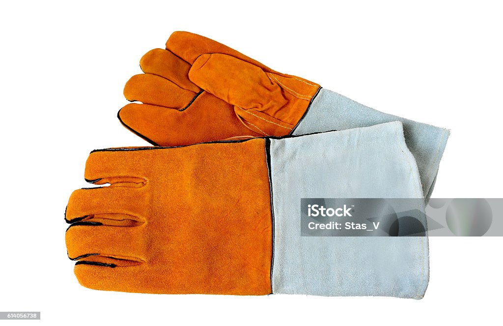 Rough leather gloves for welders, isolated on white background. Rough leather gloves for welders, isolated on white background. Accessories of welder. Glove Stock Photo