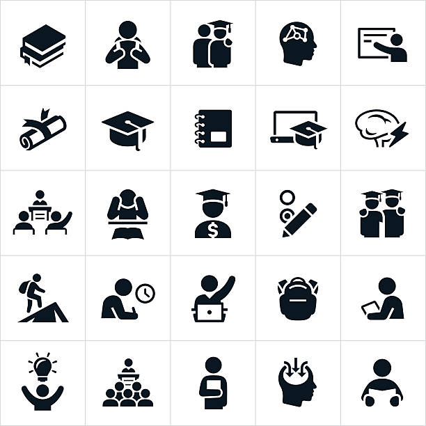 Advanced Education Icons An set of education icons. The icons represent higher learning, college, university or advanced learning. They include students, teachers, professors, graduates, graduation, lecturing and learning among others. learning symbols stock illustrations