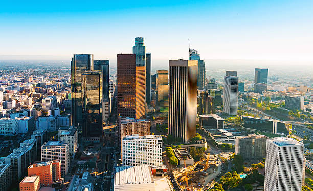 istock Aerial view of a Downtown LA at sunset 614106484