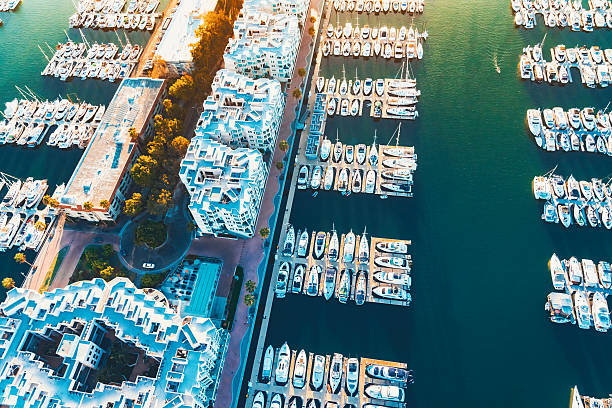 Aerial view of the Marina del Rey harbor in LA Aerial view of the Marina del Rey seaside community in Los Angeles marina california stock pictures, royalty-free photos & images