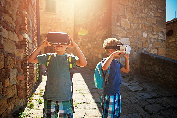 Virtual reality toursim - little boys visiting italian town