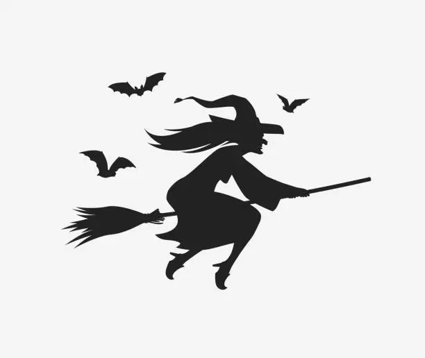 Vector illustration of Silhouette witch flying on broomstick. Halloween vector