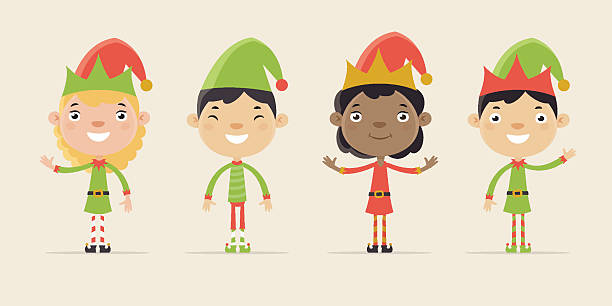 Santa Elves Cute little children dressed as Santa elves. Flat design style. santa claus elf assistance christmas stock illustrations