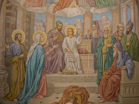 Mosaic of Jesus lost and found in the Temple, in the Rosary Basilica at Lourdes