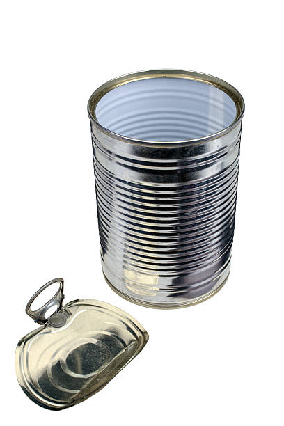 Empty open tin can isolated on white background stock photo