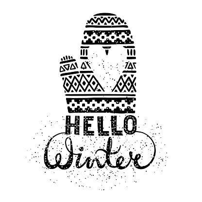 Hello winter text brush lettering and knitted woolen mitten with heart. Seasonal shopping concept design for the banner or label. Isolated vector illustration.