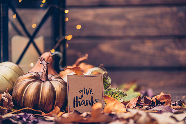 istock Luxurious still life arrangement for Thanksgiving with message. Give Thanks 614127536