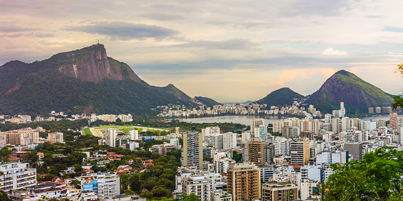 Panoramic view of Rio de Janeiro. Buildings, Corcovado mountain and Lagoa Rodrigo de Freitas.