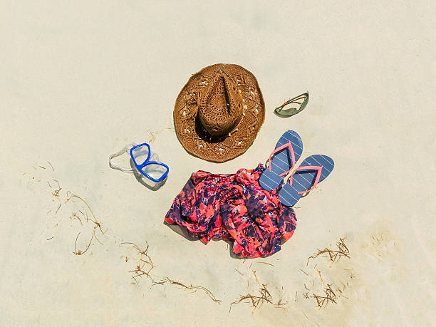 istock Straw hat, mask. sunglasses and dress on a tropical beach 614130078