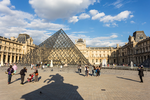 Paris, France - August 6, 2016: Tourists take pictures in the Louvre Palace on a sunny day in Paris, France capital city.