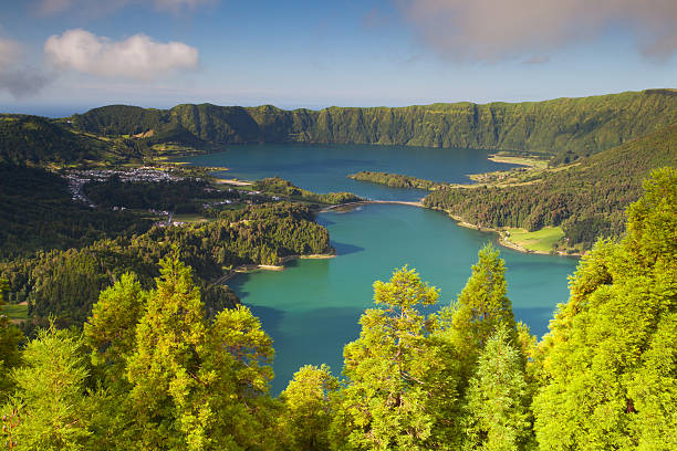 Lake of Sete Cidades on Azores Lake of Sete Cidades from Vista do Rei viewpoint in Sao Miguel, Azores terceira azores stock pictures, royalty-free photos & images