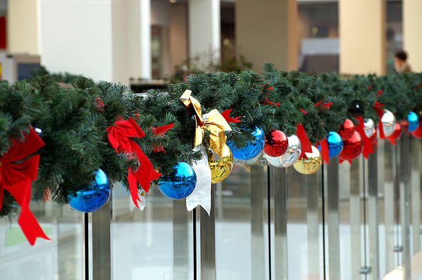 Christmas decoration of shopping center spheres, bows stock photo