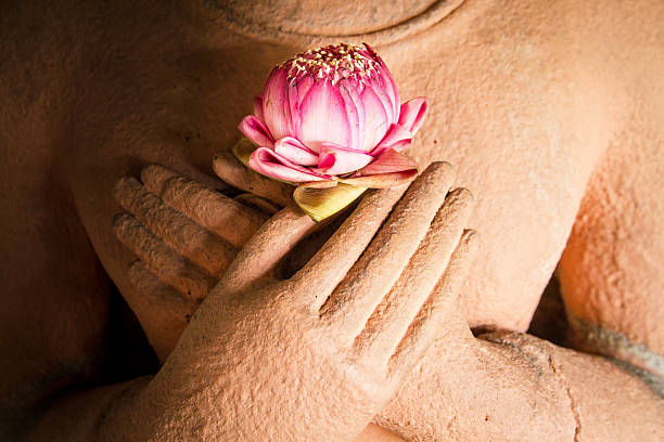 lotos w rękach buddy z piaskowca. - buddha thailand spirituality wisdom zdjęcia i obrazy z banku zdjęć