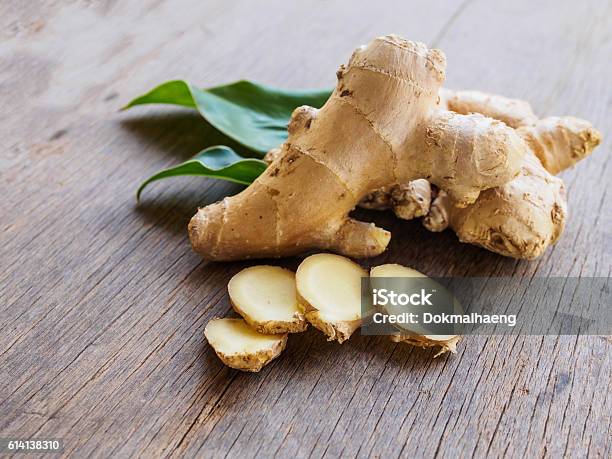 Ginger Root Slice With Leaf And Has A Spicy Taste Stock Photo - Download Image Now - Ginger - Spice, Freshness, Root