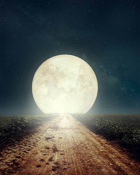 田舎道の満月 - nobody horror spooky road ストックフォトと画像