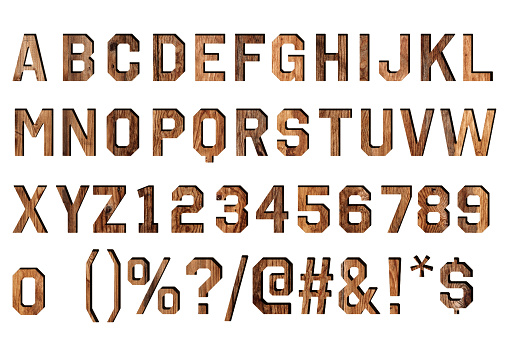vintage wood alphabet isolated on white.
