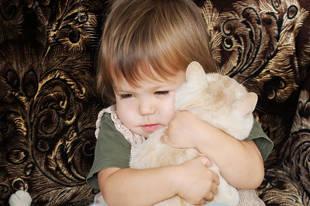 Little boy with baby cat. Child with newborn kitten. Adorable curly kid holding cute fluffy kitty. Kids and pets. Children take care of domestic animal. Love and friendship.