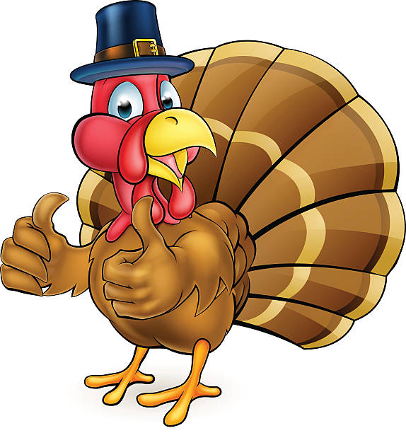 ilustrações, clipart, desenhos animados e ícones de desenho animado ação de graças pássaro de peru em chapéu de peregrinos - thanksgiving turkey animal pilgrim