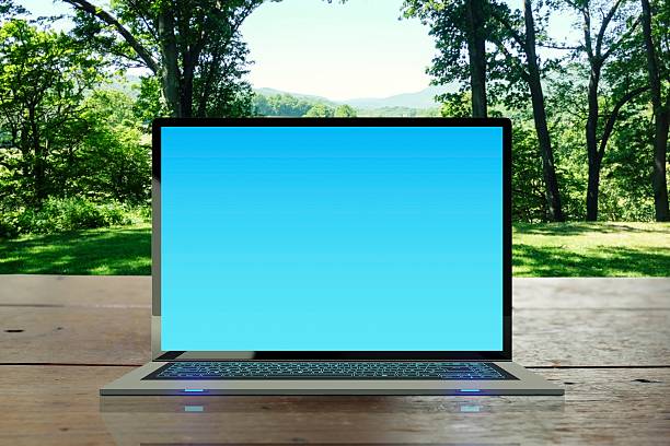 istock laptop computer on wooden desk in nature 614146862
