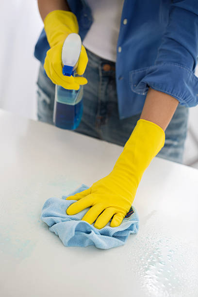 istock Worth girl cleans dust from shelf 614148530
