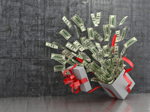 Monetary concept. A cash gift or money. 3D illustration.
