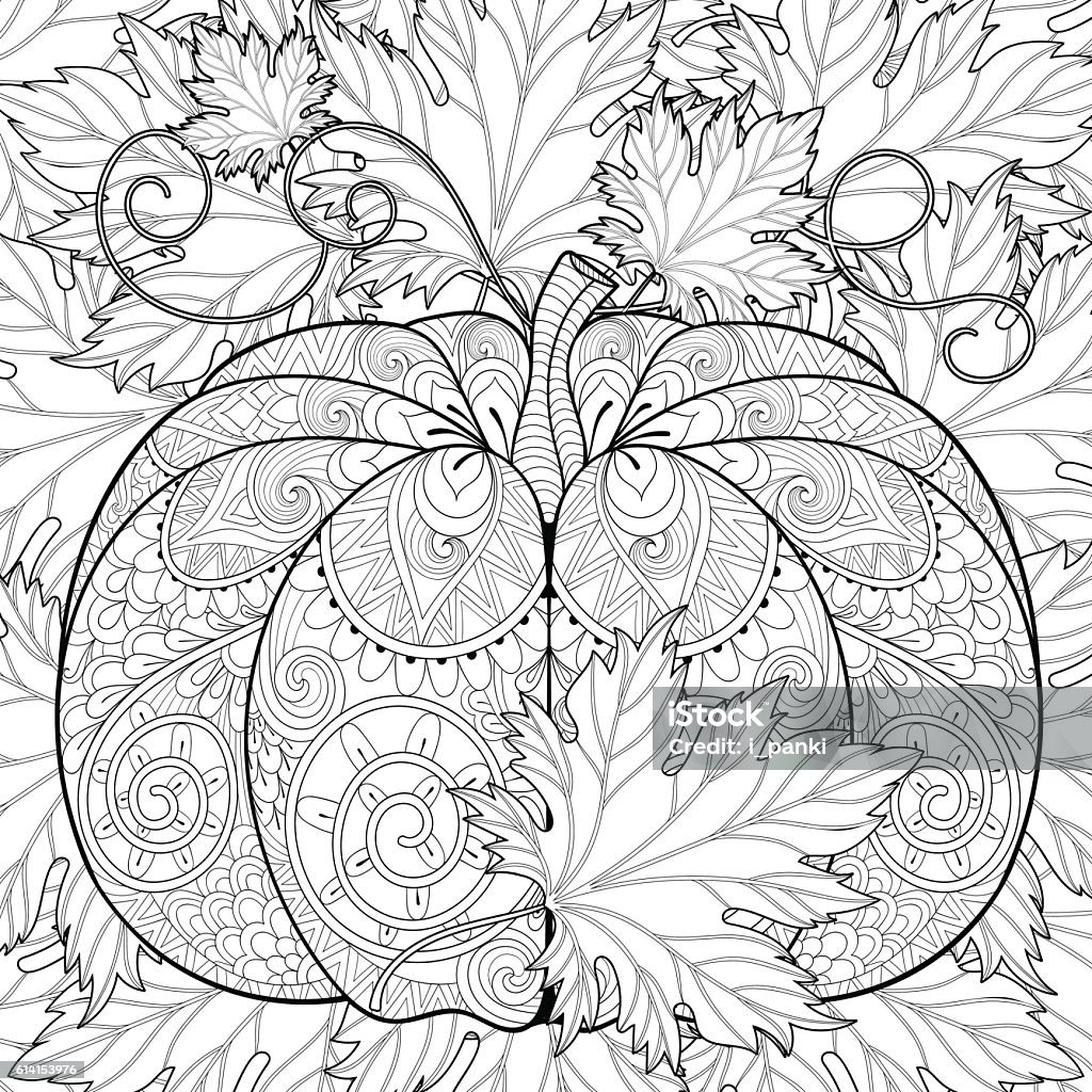 Pumpkin on autumn leaves background for Hallo Pumpkin on autumn leaves background for Halloween. Freehand sketch for adult anti stress coloring page withdoodle elements. Ornamental artistic vector illustration for t-shirt print Coloring stock vector