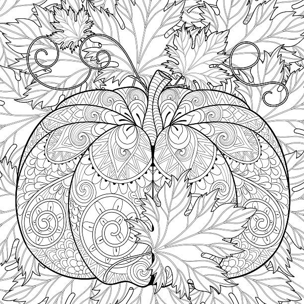 Pumpkin on autumn leaves background for Hallo Pumpkin on autumn leaves background for Halloween. Freehand sketch for adult anti stress coloring page withdoodle elements. Ornamental artistic vector illustration for t-shirt print autumn coloring pages stock illustrations