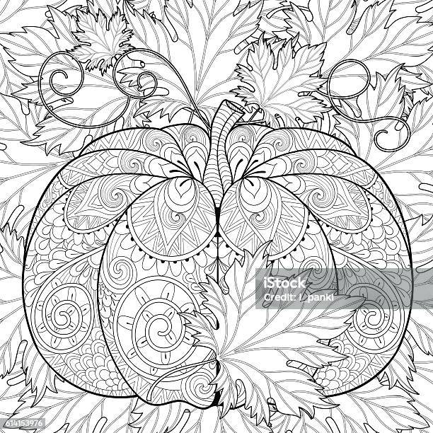 Pumpkin On Autumn Leaves Background For Hallo Stock Illustration - Download Image Now - Coloring, Adult, Autumn