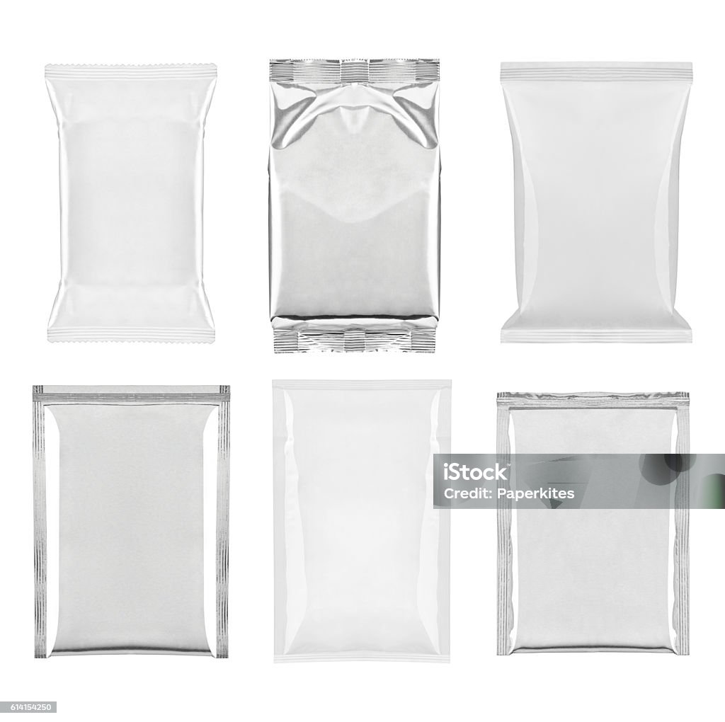 aluminum white bag package food template collection of  various white and aluminum bag and packages on white background. each one is shot separately Packaging Stock Photo