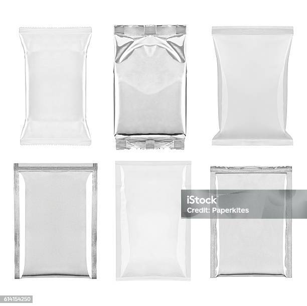 Aluminum White Bag Package Food Template Stock Photo - Download Image Now - Packaging, Package, Box - Container