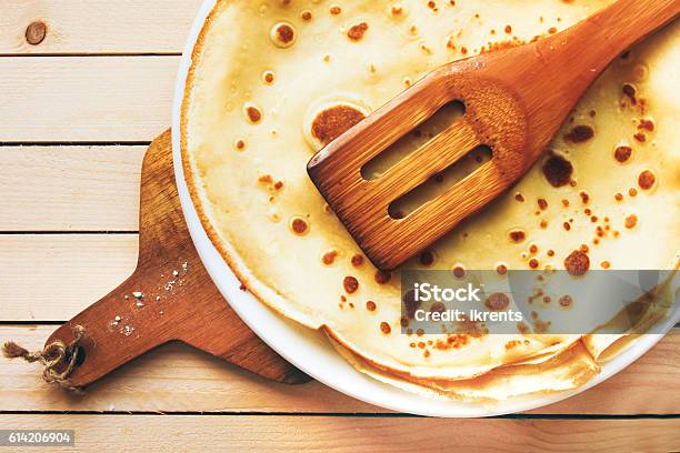 The Cooked Pancakes On Plate On Wooden Table Stock Photo - Download Image Now - Breakfast, Brown, Circle