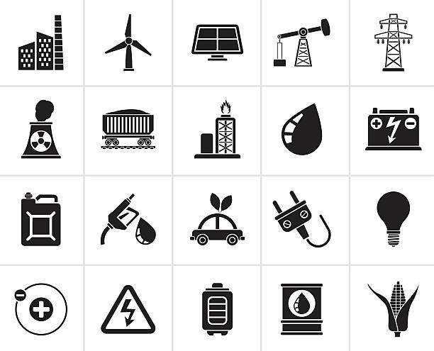 ilustrações, clipart, desenhos animados e ícones de ícones de energia, energia e eletricidade - diesel factory water sun