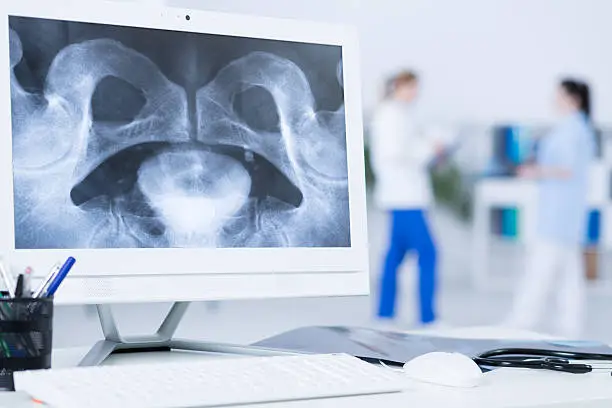 Pelvis radiograph displayed on computer screen in blurry doctor's office
