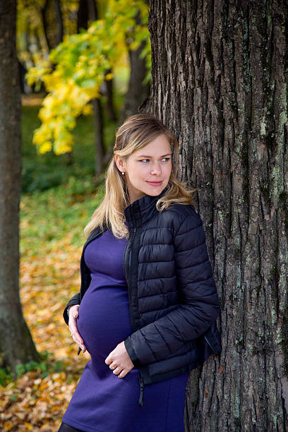 Pregnant female in autumn stock photo