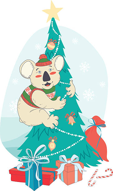 ilustrações de stock, clip art, desenhos animados e ícones de engraçado feliz natal cartão com coala usar um lindo sweater - christmas cardigan woven pattern