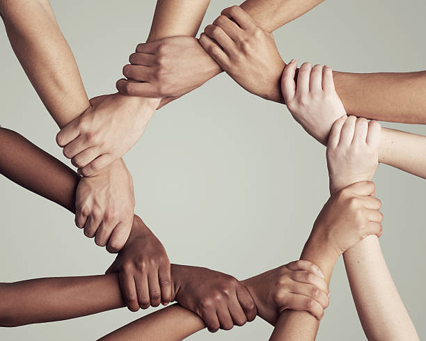 unis par leur diversité - holding hands human hand holding multi ethnic group photos et images de collection