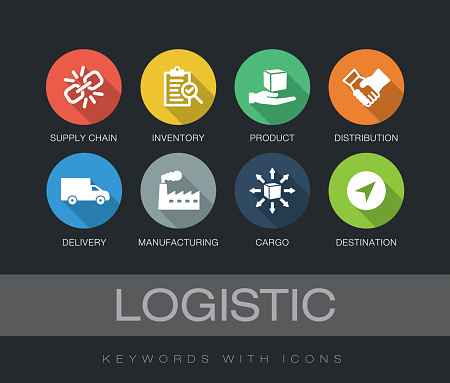 Logistic chart with keywords and icons. Flat design with long shadows