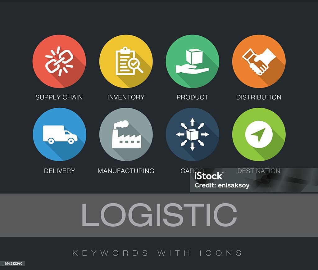 Logistic keywords with icons Logistic chart with keywords and icons. Flat design with long shadows Icon Symbol stock vector