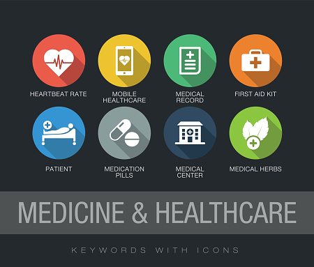 Medicine and Healthcare chart with keywords and icons. Flat design with long shadows