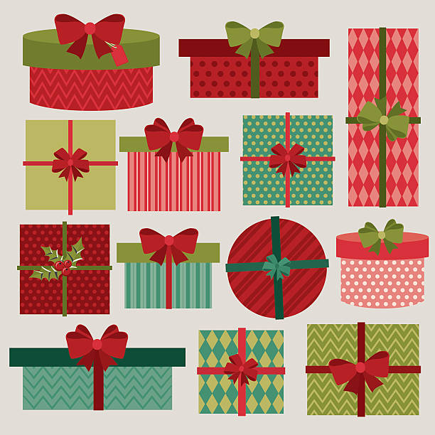 ilustrações de stock, clip art, desenhos animados e ícones de caixas de presente de natal - christmas present bow christmas snowflake