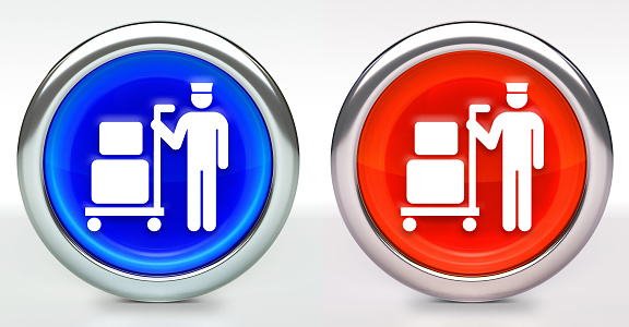 Luggage Boy Icon on Button with Metallic Rim. The icon comes in two versions blue and red and has a shiny metallic rim. The buttons have a slight shadow and are on a white background. The modern look of the buttons is very clean and will work perfectly for websites and mobile aps.