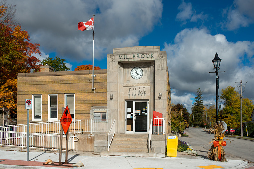 Millbrook, ON, Canada - October 9, 2016: The old Post Office building of Millbrook, once a settlement of Irish settlers, United Empire Loyalists and War of 1812 veterans. 