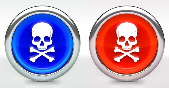 Skull & Bones Icon on Button with Metallic Rim. The icon comes in two versions blue and red and has a shiny metallic rim. The buttons have a slight shadow and are on a white background. The modern look of the buttons is very clean and will work perfectly for websites and mobile aps.