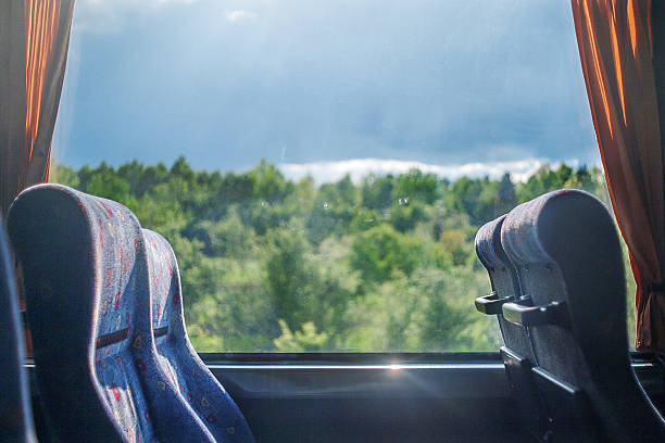 travel in the old bus with empty seats - vehicle interior indoors window chair imagens e fotografias de stock