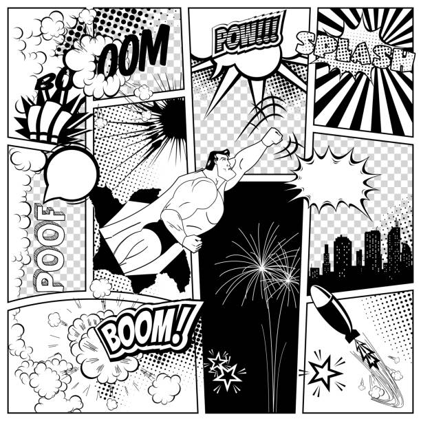 Set of comics speech and explosion bubbles on a book Set of comics speech and explosion bubbles on a comics book page background. Super hero, rocket, city silhouette and firework design elements speechless quotes stock illustrations