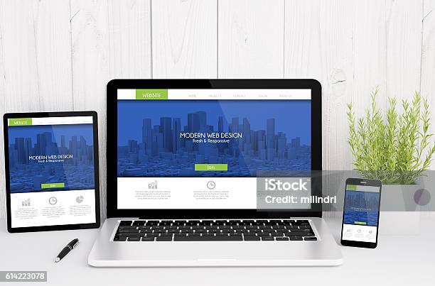 Devices On Table With Responsive Design Stock Photo - Download Image Now - Model - Object, Web Page, Cooperation